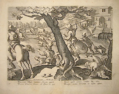 Galle Philip (1537-1612) Francorum Regis mandato, stercora quaerit Plurima Cervorum Venator... (Come l'età  del cervo è determinante per la sua cattura) 1596 Anversa 